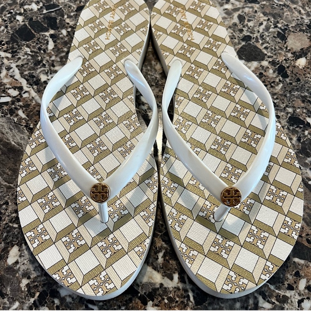 Tory Burch Geometric White and Gold Sandals